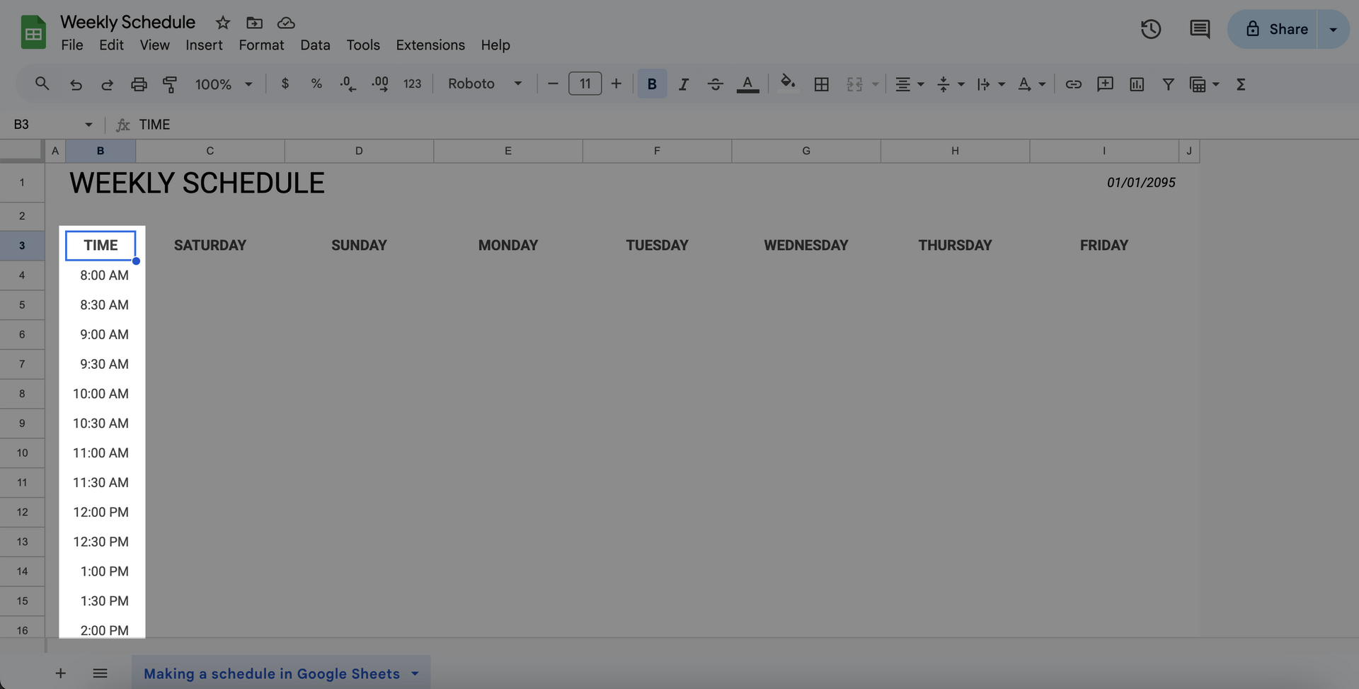 Set Up the Time Intervals Column (First Column)