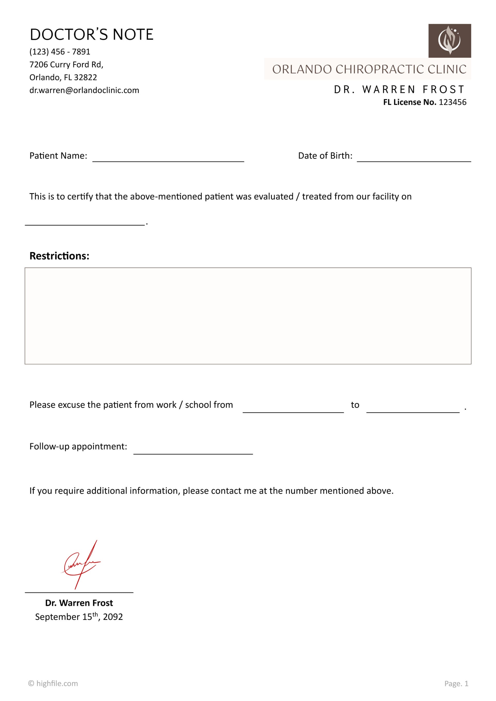 Doctor’s Return to Work Note Template - Word | Google Docs | PDF