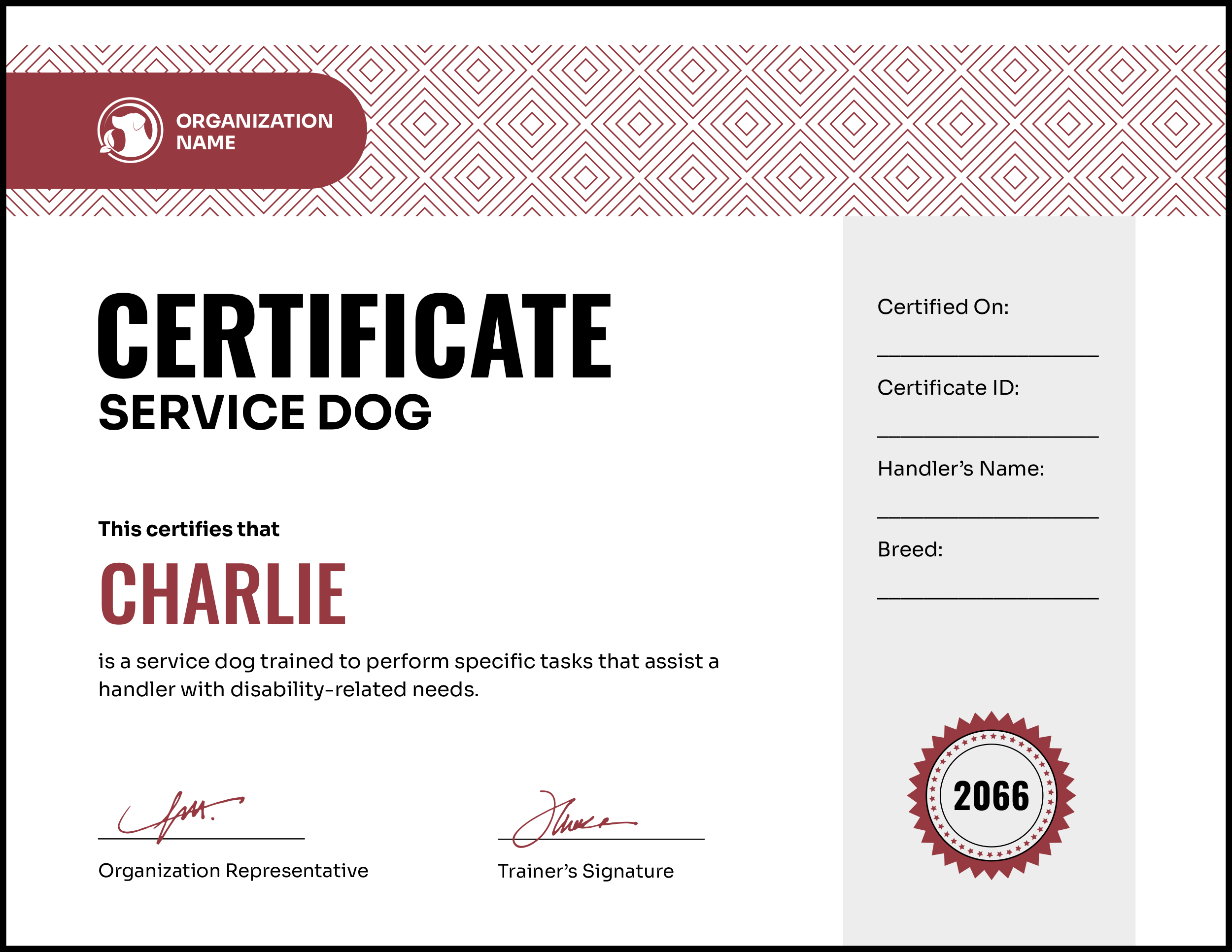 Gold and Dark Grey Service Dog Certificate Template - Highfile