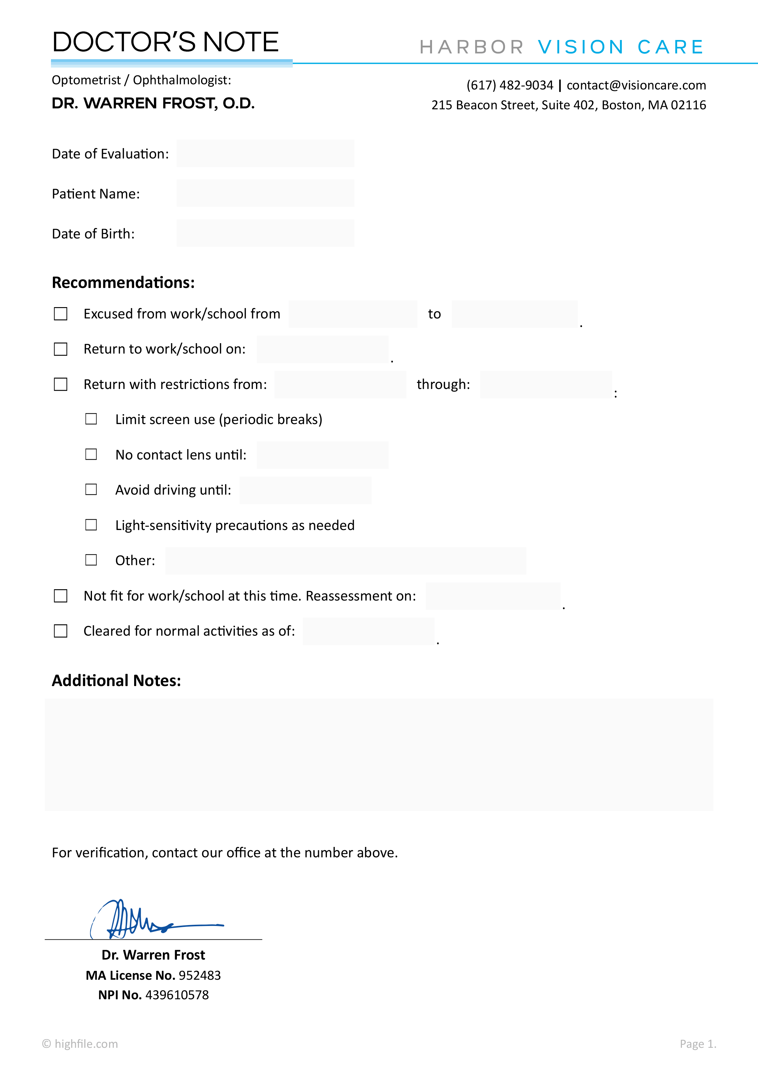 Doctor’s Return to Work Note Template - Word | Google Docs | PDF