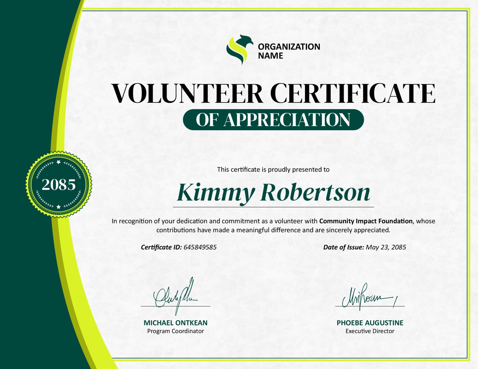 Dark Green and Brown Volunteer Certificate Template - Highfile