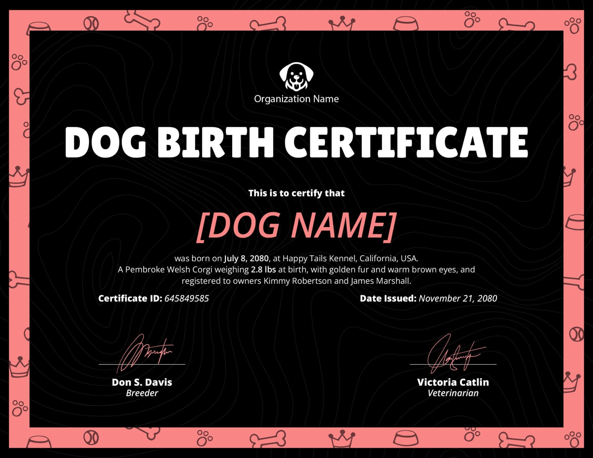 Brown and Yellow Dog Birth Certificate Template - Highfile