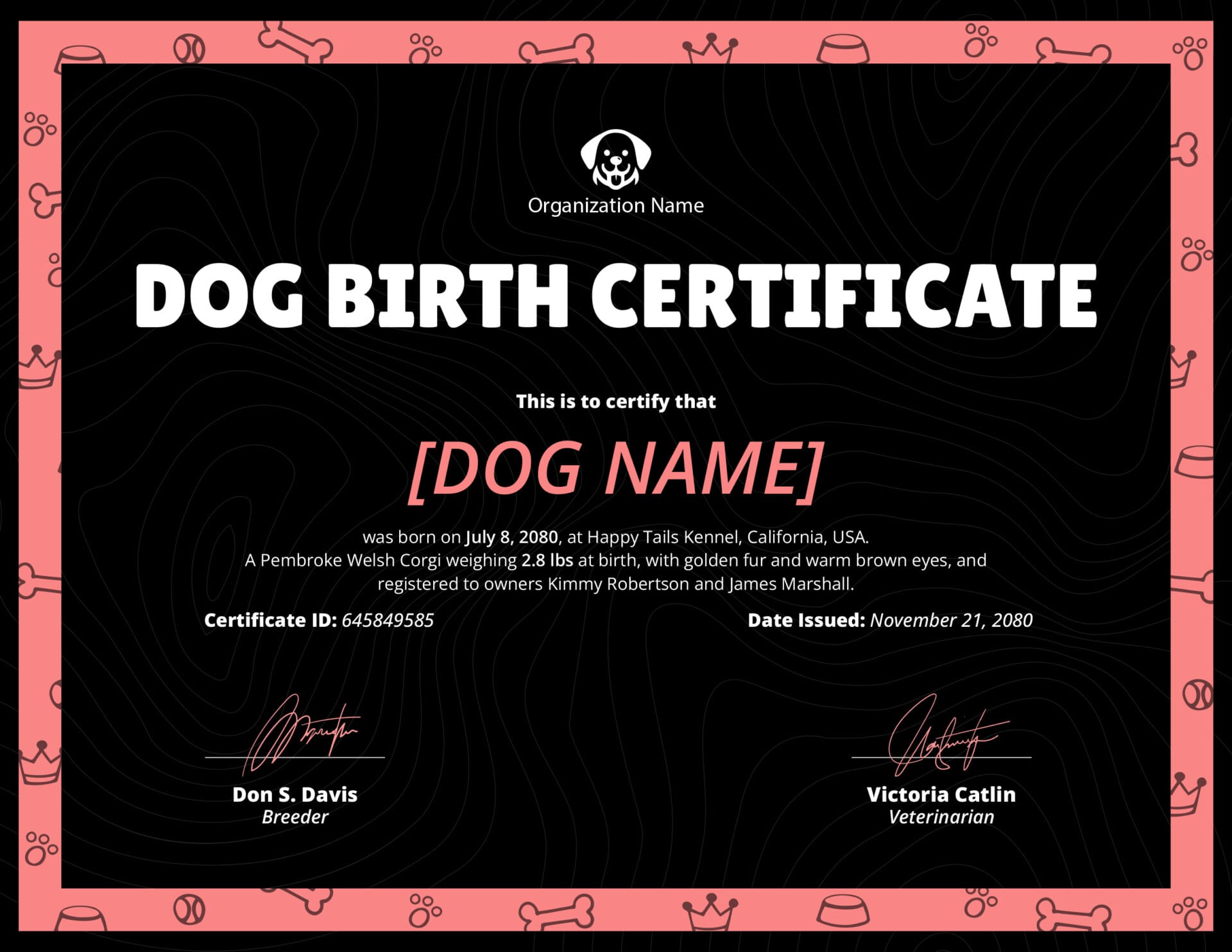 Brown and Yellow Dog Birth Certificate Template - Highfile