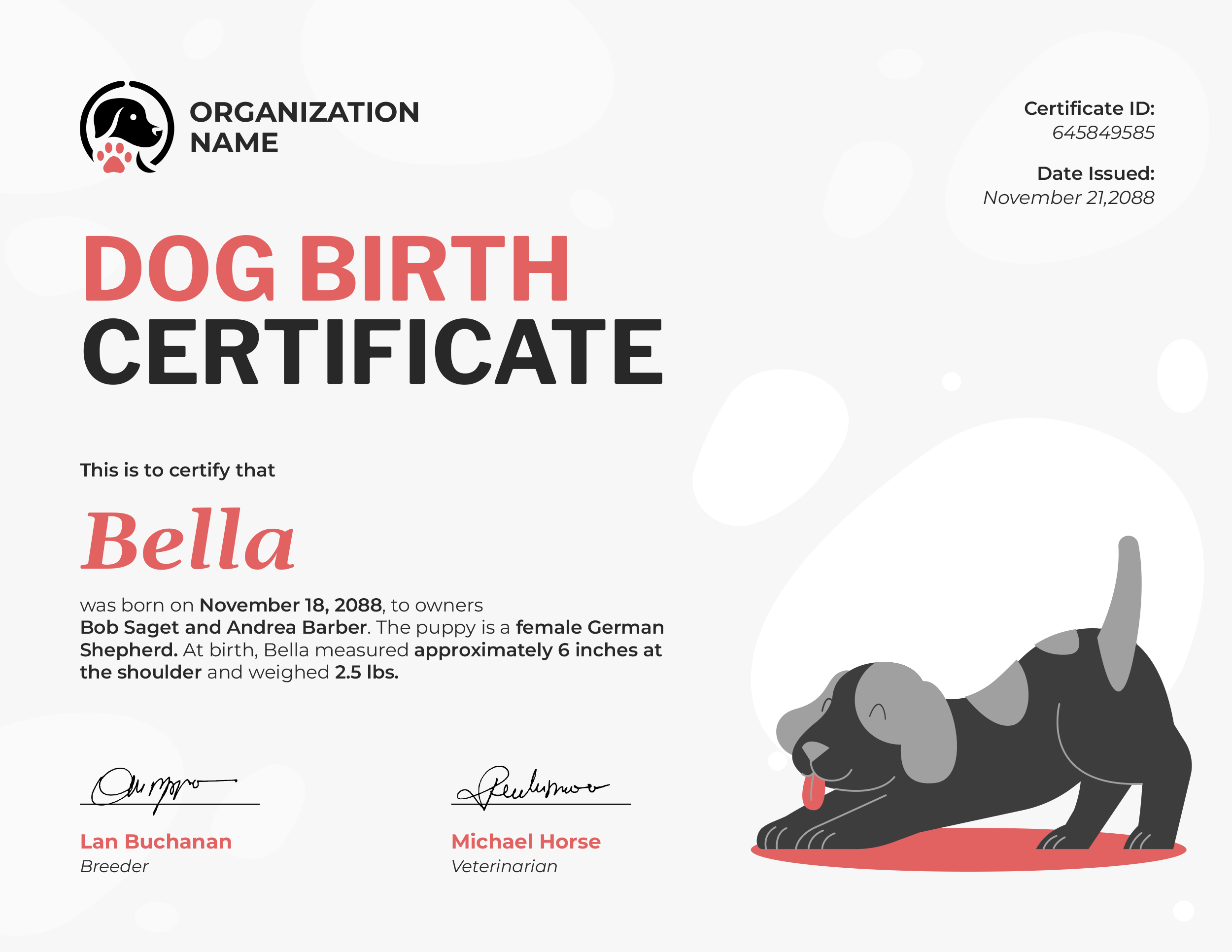 Pink and Grey Dog Birth Certificate Template - Highfile