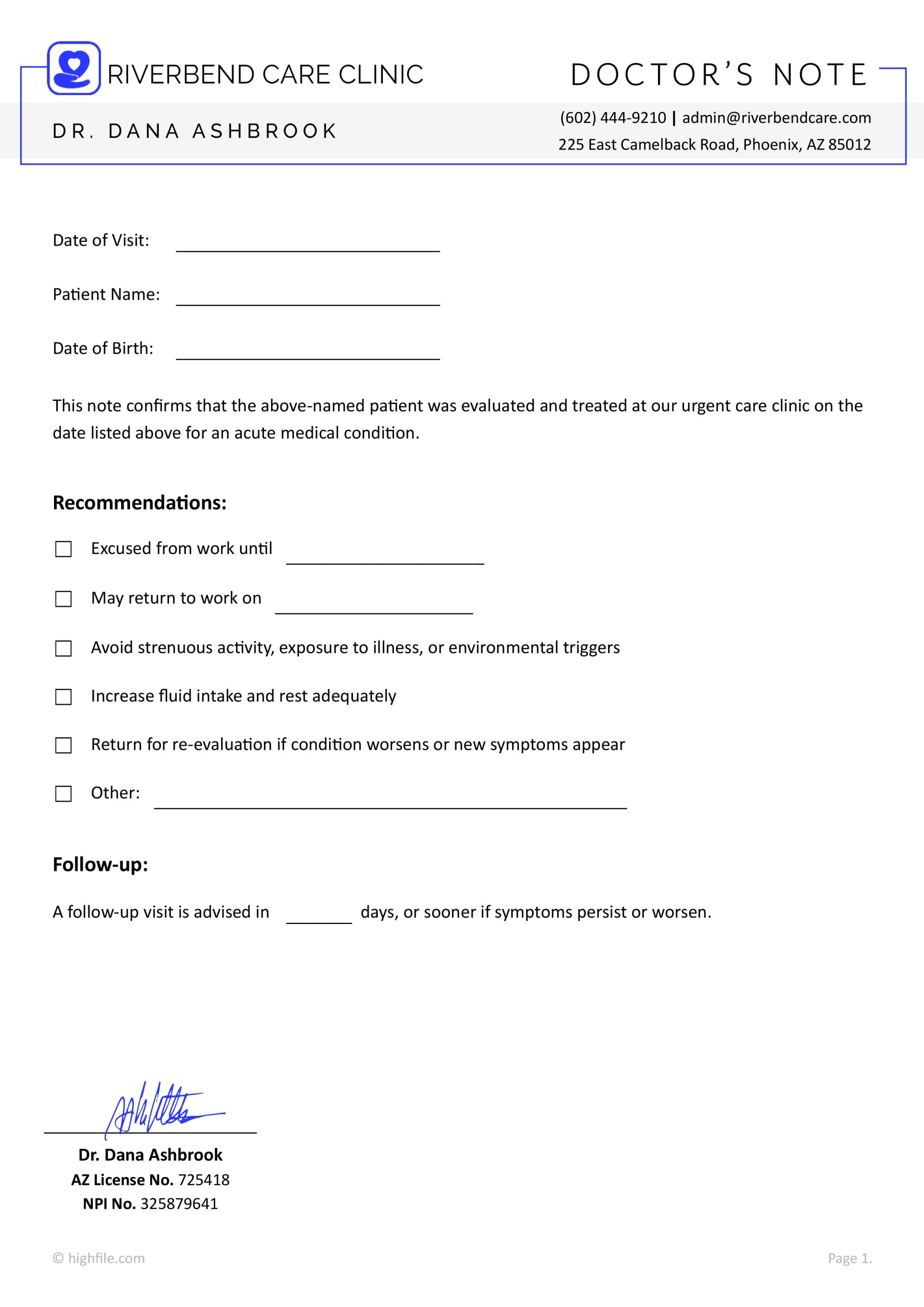 Doctor’s Return to Work Note Template - Word | Google Docs | PDF