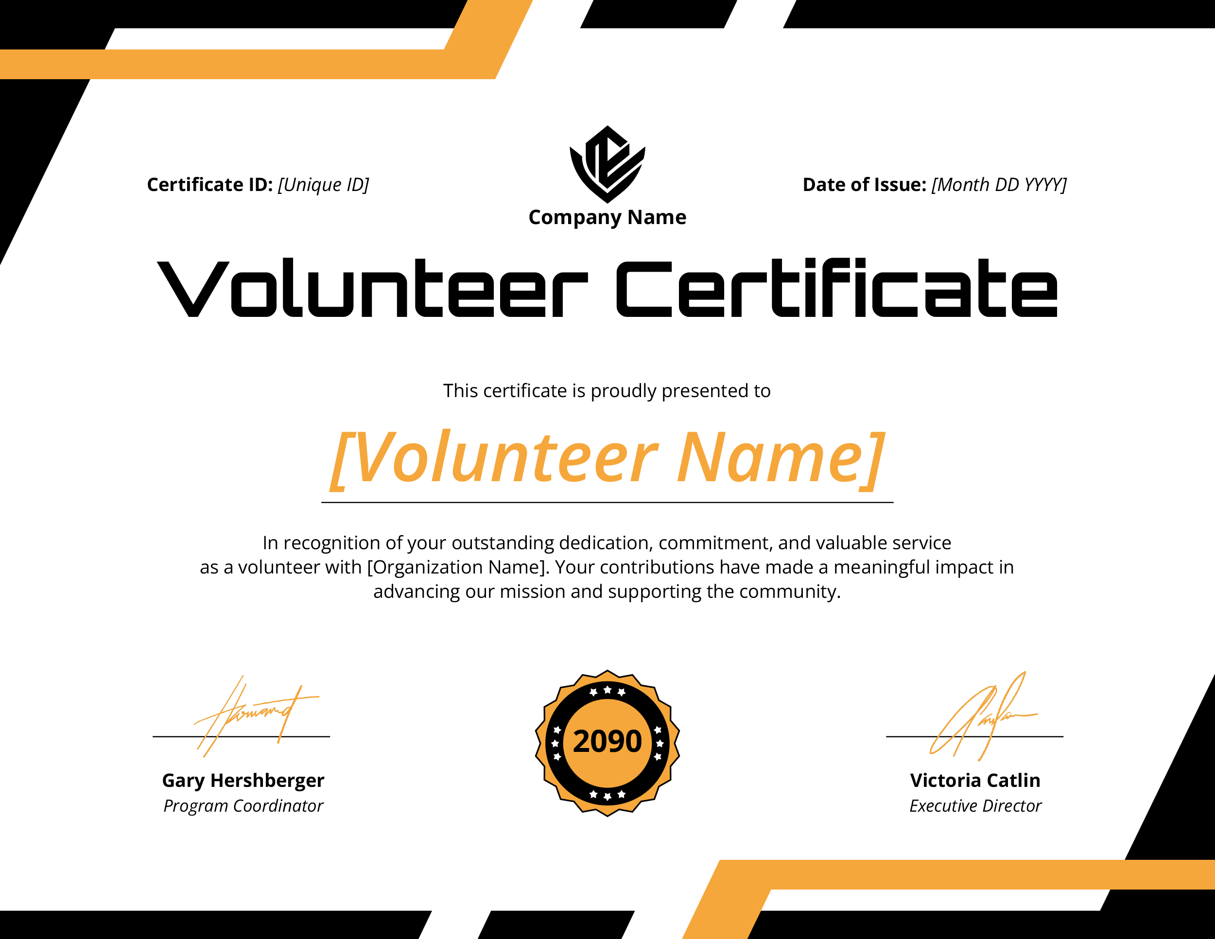 Yellow and Black Volunteer Certificate Template - Highfile